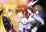  3girls absurdres blonde_hair brown_hair closed_eyes couple eye_contact fate_testarossa happy highres long_hair looking_at_another lyrical_nanoha mahou_shoujo_lyrical_nanoha mahou_shoujo_lyrical_nanoha_a&#039;s medium_hair multiple_girls official_art okuda_yasuhiro orange_hair red_eyes sad short_twintails skirt smile sweater takamachi_nanoha twintails violet_eyes yagami_hayate yuri 