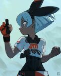  1girl bangs bea_(pokemon) black_bodysuit black_hairband bodysuit bodysuit_under_clothes bow_hairband breasts clenched_hand closed_mouth collared_shirt commentary covered_navel dark_skin dark-skinned_female english_commentary frown gloves grey_eyes grey_hair gym_leader hairband hands_up john_crayton looking_to_the_side pokemon pokemon_(game) pokemon_swsh print_shirt print_shorts shirt short_hair short_sleeves shorts single_glove solo tied_shirt wristband 