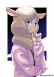  1girl absurdres alpaca artist_name blue_eyes furry hand_up highres jacket long_sleeves looking_at_viewer odd_taxi pink_jacket pink_nails shirakawa_(odd_taxi) smile solo upper_body watagashikn 