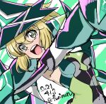  1girl akatsuki_kirika blonde_hair blush breasts dated elbow_gloves fujimoto_satoru gloves green_eyes green_leotard headgear highres leotard medium_breasts open_mouth scythe senki_zesshou_symphogear shiny shiny_hair short_hair smile solo teeth 