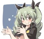  1girl anchovy_(girls_und_panzer) bangs black_cape black_ribbon blush brown_eyes cape closed_mouth commentary drill_hair eyebrows_visible_through_hair gesture girls_und_panzer green_hair hair_ribbon long_hair looking_at_viewer naked_cape outline ribbon smile solo star_(symbol) sweatdrop tewarusa twin_drills twintails white_outline 