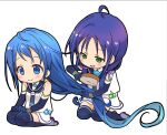  2girls bangs black_gloves black_legwear black_neckwear black_sailor_collar blue_eyes blue_hair elbow_gloves gloves gradient_hair green_eyes hair_brush hair_brushing kantai_collection long_hair low_twintails malino_(dream_maker) multicolored_hair multiple_girls neckerchief ribbon sailor_collar samidare_(kancolle) school_uniform seiza serafuku shirt simple_background sitting sleeveless sleeveless_shirt suzukaze_(kancolle) swept_bangs thigh-highs twintails very_long_hair white_background 