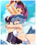  :o ;d airisubaka ball bangs baseball_cap beachball bikini bikini_top blue_hair blue_sky breasts brown_eyes clouds commentary day english_commentary eyebrows_visible_through_hair fish_tail hair_between_eyes hat highres holding holding_ball holding_beachball hug hug_from_behind large_breasts leah_(airisubaka) long_hair one_eye_closed open_mouth original outdoors ponytail purple_hair red_eyes shark_girl shark_tail sharp_teeth sky smile swimsuit tail tan tanline teeth wading water white_bikini 