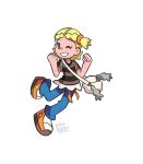  1girl alternate_costume blonde_hair blue_eyes blue_pants bonnie_(pokemon) brown_shirt gen_8_pokemon grin highres lukas_thadeu one_eye_closed pants pokemon pokemon_(anime) pokemon_xy_(anime) shirt side_ponytail signature simple_background smile solo star_(symbol) star_print striped striped_shirt tagme undershirt white_background white_shirt wooloo 