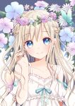  1girl bangs blonde_hair blue_eyes blue_flower blush braid bug butterfly dress flower french_braid hand_up head_wreath highres insect looking_at_viewer original purple_flower smile solo tiramisu651 upper_body white_dress white_flower 