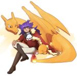  1boy bangs boots brown_footwear buttons cape charizard charmander cravat dark_skin dark_skinned_male facial_hair fire flame fur-trimmed_cape fur_trim gen_1_pokemon hand_on_own_knee highres invisible_chair leon_(pokemon) long_hair male_focus morio_(poke_orio) pants parted_lips poke_ball poke_ball_(basic) pokemon pokemon_(creature) pokemon_(game) pokemon_swsh purple_hair red_cape sitting smile tailcoat white_neckwear yellow_eyes 