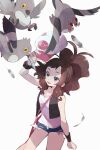  1girl antenna_hair arm_up baseball_cap bird black_wristband brown_hair clenched_hand eyelashes feathers gen_5_pokemon hat highres hilda_(pokemon) holding holding_clothes holding_hat long_hair ohds101 open_clothes open_mouth open_vest pidove pokemon pokemon_(creature) pokemon_(game) pokemon_bw ponytail shirt short_shorts shorts sidelocks simple_background smile symbol_commentary tongue vest white_background white_shirt wristband 