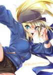  1girl ahoge artoria_pendragon_(all) bangs baseball_cap black_headwear black_shorts blonde_hair blue_jacket blue_scarf blush breasts fate/grand_order fate_(series) green_eyes hair_between_eyes hat jacket kicking leg_up long_hair long_sleeves looking_at_viewer medium_breasts mysterious_heroine_x_(fate) ponytail rojiura_satsuki:_chapter_heroine_sanctuary scarf short_shorts shorts sidelocks thighs torichamaru wristband 