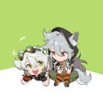  2boys animal_ear_fluff animal_ears bandaid bandaid_on_nose bangs bennett_(genshin_impact) brown_gloves chibi closed_mouth genshin_impact gloves goggles goggles_on_head green_eyes green_pants grey_hair hair_between_eyes honlo hood hood_up jewelry long_hair lying male_focus multiple_boys necklace on_stomach open_mouth orange_gloves pants razor_(genshin_impact) red_eyes scar scar_on_arm scar_on_face short_sleeves silver_hair simple_background sitting sleeveless tail tooth_necklace two-tone_background wolf_ears wolf_tail 