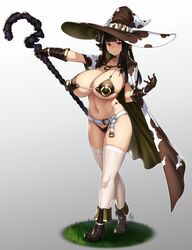  1girl animal_ears animal_print bangs bikini blunt_bangs blush breasts brown_hair cape cow_ears cow_girl cow_horns cow_print ear_tag full_body gloves hat highres horns houtengeki huge_breasts long_hair looking_at_viewer navel original staff swimsuit thigh-highs violet_eyes witch_hat 