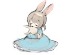 animal_ears blue_dress brown_hair bunny_girl closed_eyes closed_mouth dress original rabbit_ears shirokujira stuffed_animal stuffed_bunny stuffed_toy white_background 