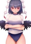  1girl arms_under_breasts bird_wings black_hair black_wings blue_buruma blush breasts buruma commentary cowboy_shot crossed_arms darumoon eyebrows_visible_through_hair feathered_wings hair_between_eyes highres looking_at_viewer medium_breasts parted_lips pom_pom_(clothes) red_eyes shameimaru_aya shirt short_hair short_sleeves simple_background solo standing sweatdrop touhou white_background white_shirt wings 