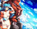  1990s_(style) 1girl 1other big_hair blue_eyes blue_hair blue_sky bodysuit breasts commission dress english_commentary flame_(panzer_paladin) gloves grit_(panzer_paladin) harleequeen headwear_removed helmet helmet_removed highres holster holstered_weapon long_hair mecha medium_breasts multicolored multicolored_bodysuit multicolored_clothes official_art panzer_paladin retro_artstyle salute second-party_source short_dress sky thigh_holster two-finger_salute white_gloves 