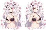  1girl antenna_hair azur_lane bikini black_bikini black_choker black_ribbon breasts choker flag_print german_flag german_flag_bikini hair_ribbon large_breasts leng_(lengsiren) long_hair looking_at_viewer multicolored_hair multiple_views official_alternate_costume orange_eyes prinz_eugen_(azur_lane) prinz_eugen_(unfading_smile)_(azur_lane) redhead ribbon silver_hair streaked_hair swimsuit two-tone_hair upper_body 