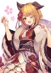  1girl animal_ears bangs blonde_hair blush breasts dog_ears dog_girl erune granblue_fantasy homaderi japanese_clothes kimono long_sleeves looking_at_viewer medium_breasts one_eye_closed open_mouth short_hair smile vajra_(granblue_fantasy) wide_sleeves yellow_eyes 