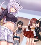  4girls :d absurdres animal_ears black_blouse black_hair blouse blush brown_hair buttons cat_ears cat_girl cat_tail cheek-to-cheek cowboy_shot crop_top dog_ears dog_girl dog_tail double-breasted face_punch groin highres hololive in_the_face indoors inugami_korone looking_at_viewer midriff multiple_girls navel nekomata_okayu nootomo ookami_mio oozora_subaru open_mouth punching purple_hair room sailor_collar sailor_shirt shirt shorts smile stomach tail thigh-highs violet_eyes virtual_youtuber white_shorts wolf_ears wolf_girl 