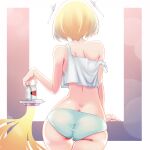  1girl absurdres aki_rosenthal ass beer_can blonde_hair can detached_hair from_behind headgear highres hoanglong13hl1 hololive leaning_on_object shoulder_blades simple_background solo strap_slip tank_top thigh_gap twintails underwear virtual_youtuber window 
