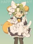  1girl animal_ears animal_hat apron bell black_legwear blue_bow bow bowtie cat_ears cat_hat cat_tail dejiko di_gi_charat dress gema glove_bow gradient gradient_background green_background green_eyes green_hair hair_bell hair_bow hair_ornament happy_birthday hat looking_at_viewer maid_apron mittens neck_bell one_eye_closed open_mouth ribbon sakurako short_hair smile solo tail thigh-highs thigh_ribbon white_bow white_mittens white_tail 