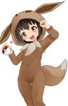  1girl :d bangs blush brown_hair child clenched_hand commentary_request cosplay eevee eevee_(cosplay) gen_1_pokemon hands_up heart highres holding holding_poke_ball hood hood_up kanmiya_(nijie344351) looking_at_viewer npc_trainer open_mouth poke_ball poke_ball_(basic) poke_kid_(pokemon) pokemon pokemon_(game) pokemon_ears pokemon_swsh pokemon_tail short_hair simple_background smile solo teeth tongue white_background yellow_eyes 