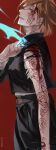  1girl arm_tattoo aura bangs black_jacket black_skirt bleeding blood blood_on_face brown_eyes brown_hair cowboy_shot dal_li_0130 facial_tattoo grin highres holding impaled jacket jujutsu_kaisen kugisaki_nobara long_sleeves looking_at_viewer nail profile red_background school_uniform sideways_glance simple_background skirt smile solo standing swept_bangs tattoo torn_sleeve 