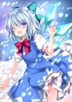  1girl ;d aqua_bow bangs blue_dress blue_eyes blue_hair blue_wings blush bow cirno detached_wings dress eyebrows_visible_through_hair fang frilled_dress frills hair_between_eyes hair_bow hand_up ice ice_wings nanase_nao one_eye_closed open_mouth puffy_short_sleeves puffy_sleeves red_bow shirt short_sleeves sleeveless sleeveless_dress smile snow snowing solo touhou white_shirt wings 