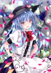  1girl :d bangs black_headwear blue_hair blue_skirt blurry blush bow bowtie clouds cloudy_sky commentary_request cowboy_shot day depth_of_field eyebrows_visible_through_hair falling_petals flat_chest flower flower_request food fruit hands_on_hips hat hinanawi_tenshi long_hair looking_at_viewer nanase_nao nose_blush open_mouth outdoors peach petals pink_flower puffy_short_sleeves puffy_sleeves red_bow red_eyes red_neckwear shirt short_sleeves skirt sky smile solo sparkle touhou very_long_hair white_shirt 