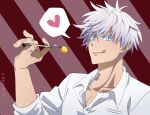  blue_eyes food fork gojou_satoru heart highres jujutsu_kaisen kurimilove shirt tongue tongue_out white_hair white_shirt 