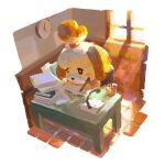  1girl animal_crossing animal_ears black_eyes blush_stickers book chair clock closed_mouth commentary desk dog_girl english_commentary glass highres indoors isabelle_(animal_crossing) james_ghio light_beam looking_down paper pen sitting solo topknot wall_clock window writing 