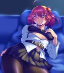  1girl ahoge bangs belt belt_buckle black_belt black_bra black_legwear black_skirt bra breasts buckle closed_mouth eyebrows_visible_through_hair fate/grand_order fate_(series) fujimaru_ritsuka_(female) hair_between_eyes hair_ornament hair_scrunchie highres indoors jacket long_sleeves looking_at_viewer lying medium_hair miniskirt on_back open_clothes open_jacket orange_eyes pantyhose pillow pleated_skirt redhead scrunchie shiny shiny_hair side_ponytail skirt small_breasts solo taru_neko underwear white_jacket yellow_scrunchie 