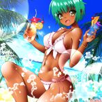  1girl aqua_hair bangs beach bikini breasts dark_skin dark-skinned_female day dr_rex dutch_angle eyebrows_visible_through_hair glass looking_at_viewer medium_breasts open_mouth original outdoors palm_tree short_hair side-tie_bikini solo swimsuit tree yellow_eyes 