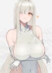  1girl bangs blunt_bangs breasts closed_mouth covered_navel dress elbow_gloves eyebrows_visible_through_hair gloves hair_over_one_eye hayabusa heart highres large_breasts looking_to_the_side mole mole_under_eye orange_eyes original smile solo upper_body white_dress white_gloves 