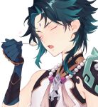  1boy aqua_hair armor asymmetrical_clothes bead_necklace beads black_hair closed_eyes eating facial_mark fang food forehead_mark genshin_impact gloves heart holding holding_spoon jewelry male_focus multicolored_hair necklace open_mouth shoulder_armor simple_background solo spoon suke_81 white_background xiao_(genshin_impact) 