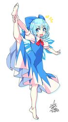  1girl :d ankle_grab bangs barefoot blue_bow blue_dress bow bowtie cirno dress eyebrows_visible_through_hair full_body hair_bow highres ice ice_wings kneepits looking_at_viewer open_mouth red_bow red_neckwear shirt short_hair short_sleeves signature simple_background smile solo split standing standing_on_one_leg standing_split touhou umigarasu_(kitsune1963) white_background white_shirt wings 