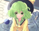  1girl bangs black_headwear blouse blurry blurry_background bow breasts bright_pupils closed_mouth english_commentary eyeball eyebrows_visible_through_hair from_above frown green_eyes green_hair hair_between_eyes hat hat_bow heart heart_of_string komeiji_koishi looking_at_viewer medium_hair ponytail sachisudesu small_breasts solo third_eye touhou upper_body upset v-shaped_eyebrows white_pupils yellow_blouse yellow_bow 