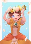  1girl arms_up blue_eyes crown crown_removed dress earrings flower flower_earrings gloves head_wreath highres holding_crown jewelry super_mario_bros. one_eye_closed open_mouth orange_dress pink_flower princess_daisy puffy_short_sleeves puffy_sleeves short_sleeves smile solo white_flower white_gloves yellow_flower yuckak3 