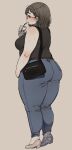  1girl absurdres bag blush breasts brown_hair denim eyebrows_visible_through_hair full_body glasses handbag high_heels highres jeans mole mole_on_arm mole_on_neck muroku_(aimichiyo0526) original pants signature solo tareme zipper zipper_pull_tab 