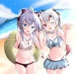  2girls ;d absurdres ahoge arms_up beach bikini bikini_skirt black_bikini blue_bikini blue_eyes blue_sky breasts commentary_request cowboy_shot day fang fisheye floral_print frilled_bikini frills gradient_hair groin hair_ribbon head_tilt highres hikarin0502 holding holding_hands holding_innertube hololive horns innertube interlocked_fingers island jewelry kagura_nana looking_at_viewer lowleg lowleg_bikini medium_breasts mountain multicolored_hair multiple_girls nakiri_ayame nanakagu_karatou_ch ocean one_eye_closed open_mouth outdoors pendant red_eyes ribbon short_hair sidelocks silver_hair skin_fang sky smile standing swimsuit twintails 