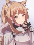  1girl animal_ear_fluff animal_ears arknights armor bangs black_ribbon blemishine_(arknights) blonde_hair blush breastplate commentary_request eyebrows_visible_through_hair hand_up highres horse_ears horse_girl long_hair looking_at_viewer pauldrons ribbon sanukiske shoulder_armor sideways_glance smile solo upper_body yellow_eyes 