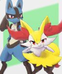  1boy 1girl animal_ear_fluff animal_ears animal_nose black_fur blue_fur border braixen closed_mouth commentary flat_chest fox_ears fox_girl fox_heart fox_tail furry gen_4_pokemon gen_6_pokemon green_background grey_border grin hands_on_hips happy highres jpeg_artifacts leaning_forward legs_apart looking_at_viewer lucario outside_border pokemon pokemon_(creature) red_eyes sideways_mouth simple_background smile spikes standing stick tail teeth uneven_eyes white_fur wolf_boy wolf_ears yellow_fur 