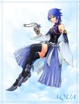  1girl aqua_(kingdom_hearts) bare_shoulders black_legwear blue_eyes blue_hair breasts closed_mouth detached_sleeves fingerless_gloves gloves kingdom_hearts kingdom_hearts_birth_by_sleep looking_at_viewer medium_breasts short_hair sleeveless smile solo thigh-highs turtleneck 