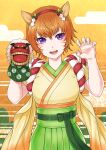  1girl :d animal_ears bangs brown_hair fake_animal_ears fingernails fire_emblem fire_emblem:_path_of_radiance green_hakama hair_between_eyes hairband hakama japanese_clothes kimono lethe_(fire_emblem) looking_at_viewer open_mouth paw_pose red_hairband sharp_fingernails shiny shiny_hair short_hair slit_pupils smile solo soyo2106 standing violet_eyes yellow_kimono 