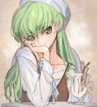  1girl c.c. closed_mouth code_geass collarbone creayus cup drinking_glass drinking_straw earrings eyebrows_visible_through_hair green_hair head_rest jewelry long_hair long_sleeves looking_at_viewer off-shoulder_shirt off_shoulder shirt sketch smile solo upper_body white_headwear white_shirt yellow_eyes 
