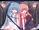  2girls bare_shoulders black_dress blue_hair blue_ribbon car_interior closed_eyes collar collared_dress commentary crescent_moon dress hair_ribbon hibino_000 highres kotonoha_akane kotonoha_aoi moon multiple_girls open_mouth pink_hair red_ribbon ribbon seatbelt siblings side-by-side sisters sitting sketch sleeping sleeveless sleeveless_dress star_(sky) thigh-highs twilight voiceroid white_collar white_dress zettai_ryouiki zzz 