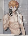  1boy abs ahoge bangs broken_glass cellphone closed_mouth door genshin_impact glass hamutyar0 highres holding holding_phone looking_at_viewer male_focus mask mask_on_head orange_hair pectorals phone scar scar_on_chest selfie shirtless smartphone solo tartaglia_(genshin_impact) tile_wall tiles toned towel towel_around_neck violet_eyes 