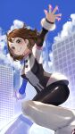  1girl absurdres ahoge bangs black_bodysuit blush bodysuit boku_no_hero_academia boots breasts brown_eyes brown_hair city commentary feet_out_of_frame from_below highres knee_boots looking_away medium_breasts outstretched_arms r_(ryo) short_hair sky smile solo uraraka_ochako white_footwear 