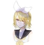  1girl bare_shoulders blonde_hair blue_eyes bow collared_shirt commentary cropped_torso expressionless hair_bow kagamine_rin looking_at_viewer neckerchief sailor_collar school_uniform shirt short_hair solo upper_body vocaloid warabi_(danngo-mitarasi) white_background white_bow white_shirt yellow_neckwear 
