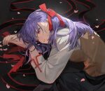 1girl absurdres bangs black_skirt breasts brown_vest chyoel collared_shirt fate/stay_night fate_(series) hair_ribbon highres homurahara_academy_uniform large_breasts long_hair long_sleeves matou_sakura purple_hair red_ribbon ribbon shirt skirt vest violet_eyes white_shirt 