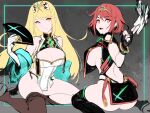  2girls alternate_costume black_legwear blonde_hair boots breasts china_dress chinese_clothes dress highres large_breasts multiple_girls mythra_(xenoblade) pantyhose pyra_(xenoblade) red_eyes redhead robot_cat sideboob thigh-highs thigh_boots xenoblade_chronicles_(series) xenoblade_chronicles_2 yellow_eyes 