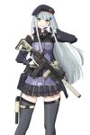  1girl absurdres assault_rifle bangs beret black_legwear breasts checkered checkered_skirt eyebrows_visible_through_hair feet_out_of_frame finger_to_mouth girls_frontline gloves green_eyes gun h&amp;k_hk416 hat highres hk416_(girls_frontline) holding holding_weapon holster long_hair looking_at_viewer military military_uniform rifle rynn_(rynn_cube) silver_hair skirt smile solo standing thigh-highs uniform weapon white_background white_gloves zettai_ryouiki 