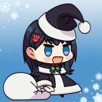  1girl :d blush_stickers chibi christmas decepticon eyebrows_visible_through_hair hair_ornament hat maximilian-destroyer open_mouth padoru sack santa_hat shinjou_akane smile snowflakes solo ssss.gridman takarada_rikka 